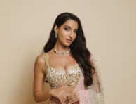 Actress And Dancer Nora Fatehi Mesmerizes Everyone With Manish Malhotra's Blush Pink Unique Chikankari With Gold Sequin.
